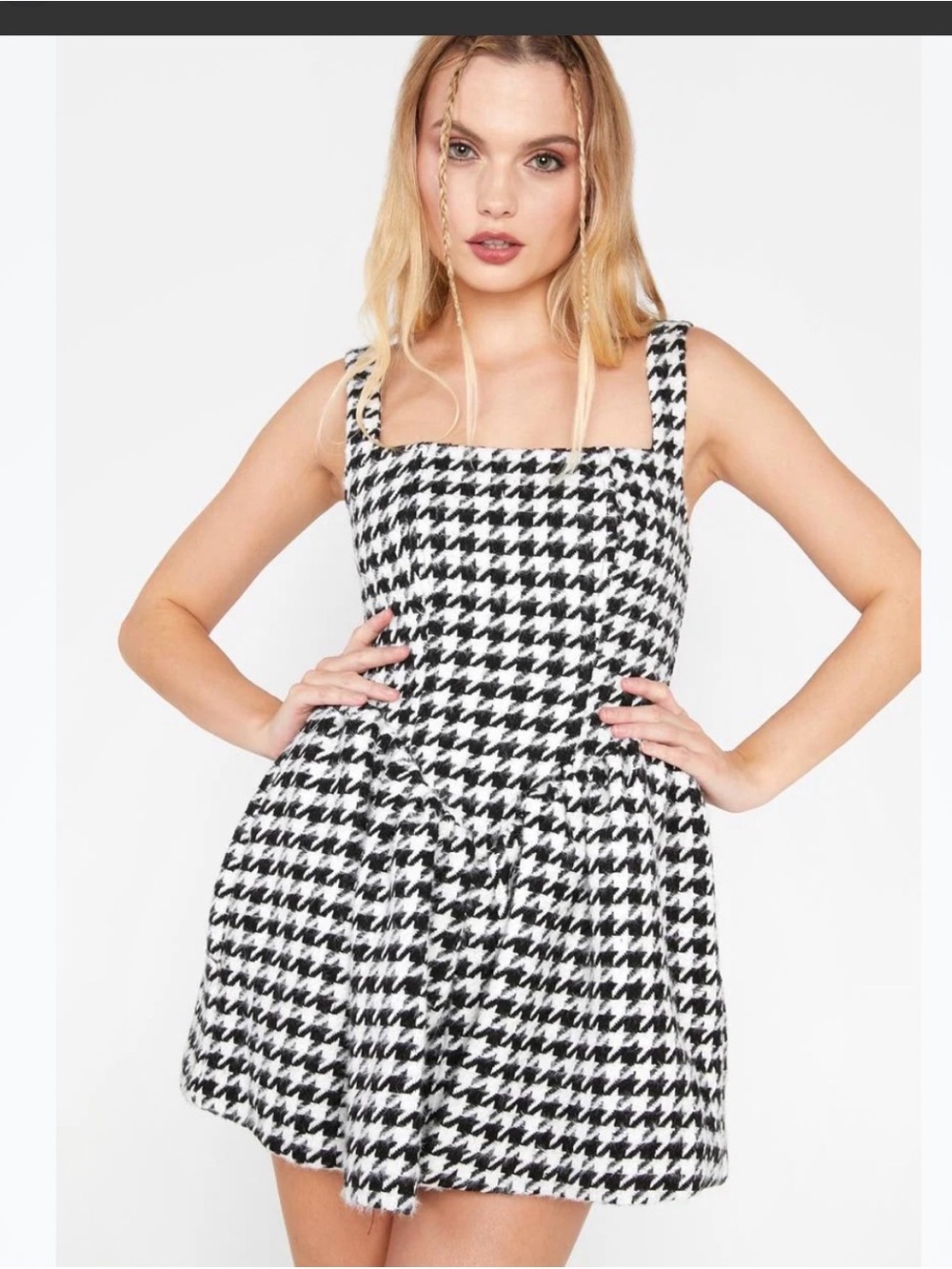 Houndstooth Square-Neck Mini Dress - Black & White